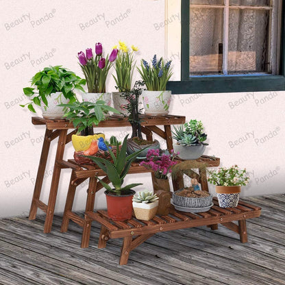 BeautyPanda 3 Tire Teak Wood Plant Stand Indoor, Outdoor Wood Plant Stands for Multiple Plants, Tiered Plant Shelf Table Plant Pot Stand for Living Room, Patio, Balcony