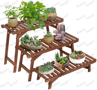 BeautyPanda 3 Tire Teak Wood Plant Stand Indoor, Outdoor Wood Plant Stands for Multiple Plants, Tiered Plant Shelf Table Plant Pot Stand for Living Room, Patio, Balcony