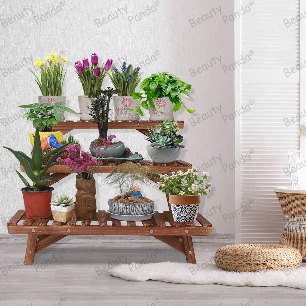 BeautyPanda 3 Tire Teak Wood Plant Stand Indoor, Outdoor Wood Plant Stands for Multiple Plants, Tiered Plant Shelf Table Plant Pot Stand for Living Room, Patio, Balcony