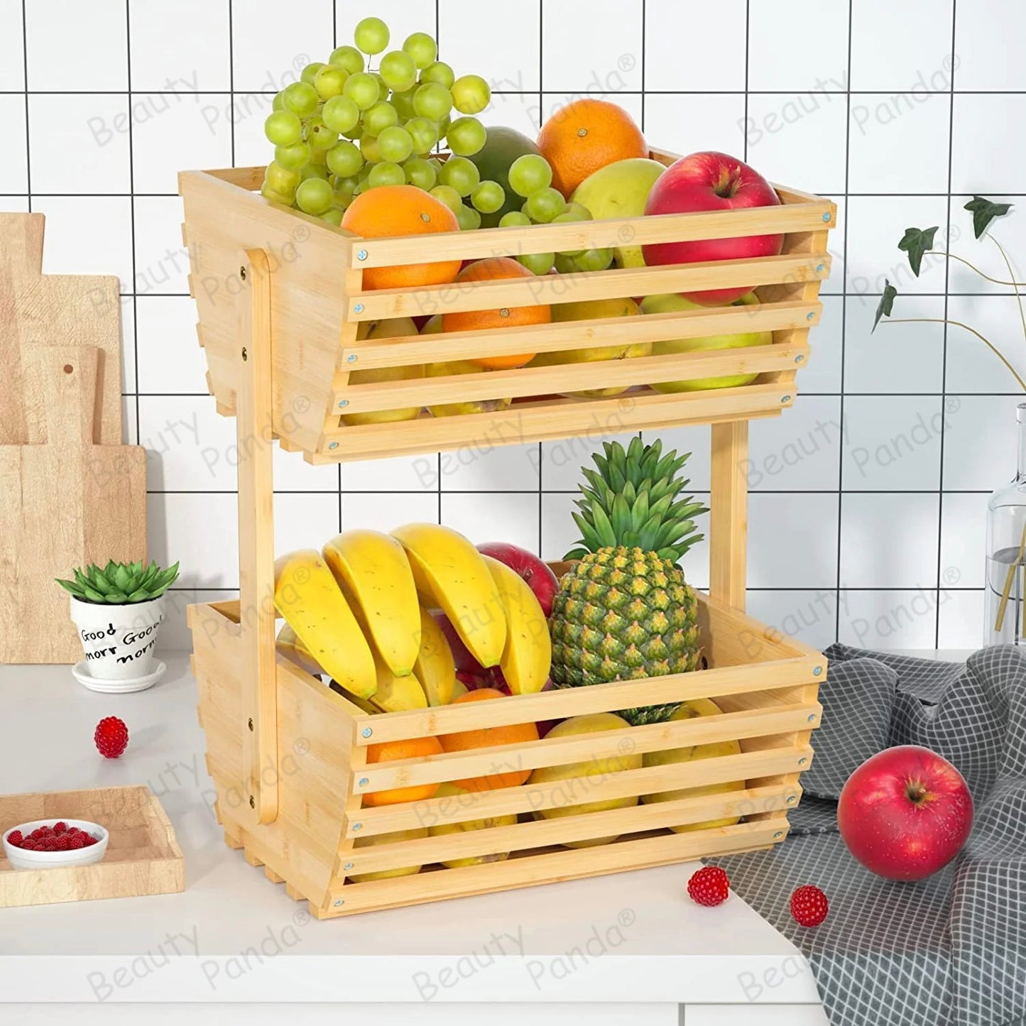 Beauty Panda Wooden 3 Layer Fruit and Vegetable Stand Basket Storage Rack (FT04, S)