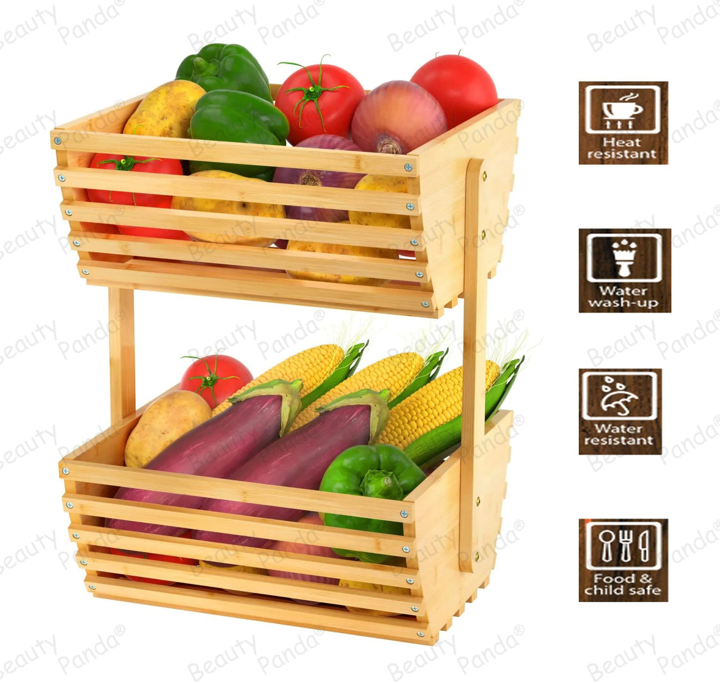 Beauty Panda Wooden 3 Layer Fruit and Vegetable Stand Basket Storage Rack (FT04, S)