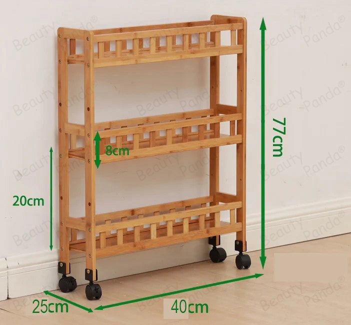 Beauty Panda 3 Layer Multipurpose Solid Wood Storage Organizer Slim Rack Shelf with Wheels | Slim Slide Out Kitchen Trolley Rack Holder Storage Organizer for Kitchen, Bathroom (Medium 40*25*77, Brown)